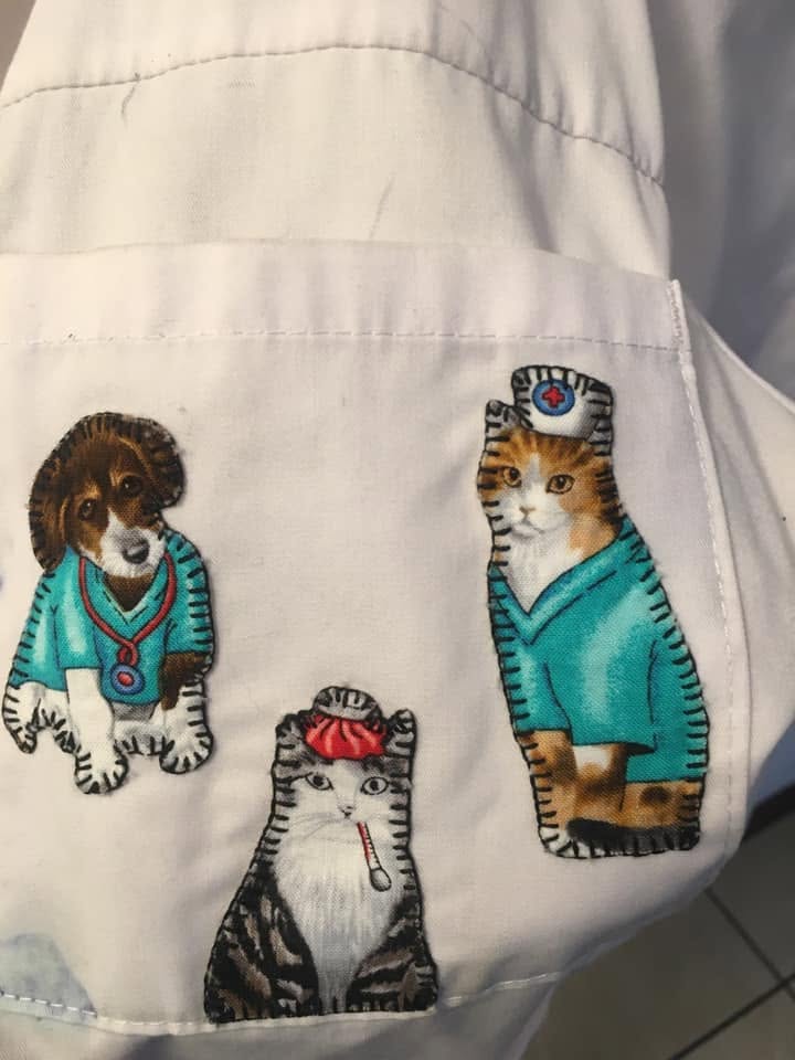 Medical-themed pets hand-stitched onto a lab coat
